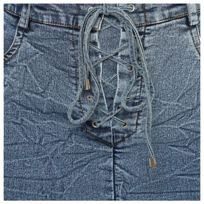 Women's Denim Draw String Buttoned Skirt (Blue)