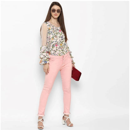 Women's Denim Solid Buttoned Jeans (Pink)