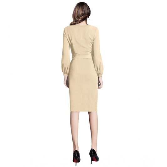 Generic Women's Knitting stretchable Solid Round Neck Full Sleeve Dress (Beige )