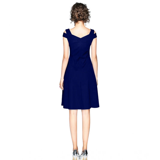 Generic Women's Polyester Solid V Neck Cap Sleeve off Shoulder Dress (Blue)