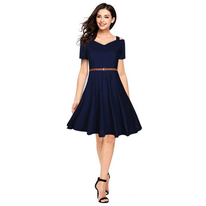 Women's Polyester Solid V Neck Cap Sleeve Dress