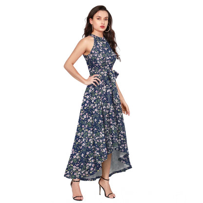 Generic Women's Polyester Printed Halter Neck Sleeveless Dress (Blue)