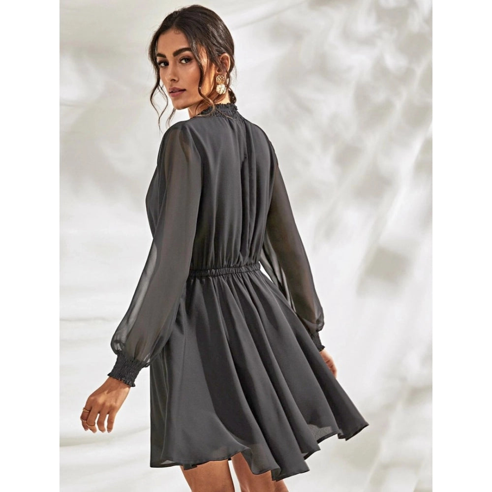 Generic Women's Fox Georgette Solid High Neck Full Sleeve Dress (Grey)