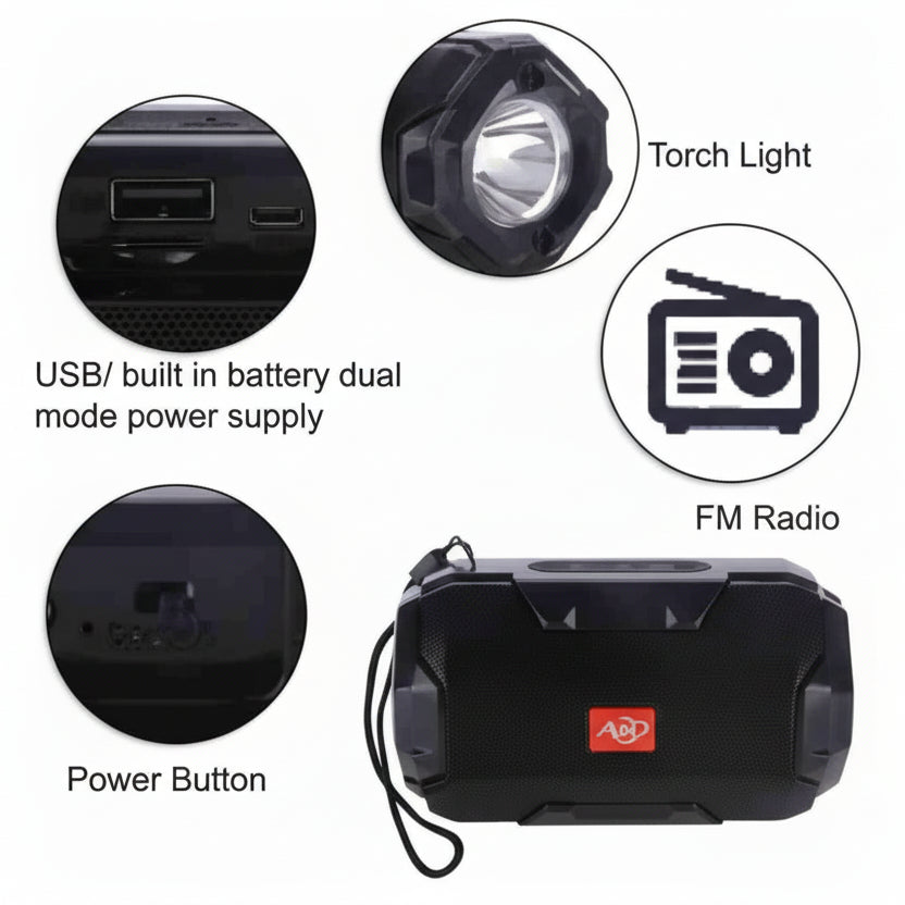 Wireless AO105 Bluetooth Speaker (Black) with features highlighted