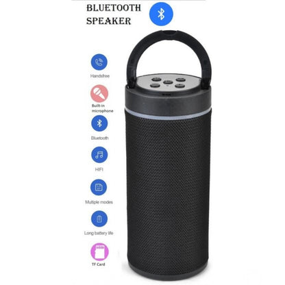 Black Bluetooth speaker with features listed 