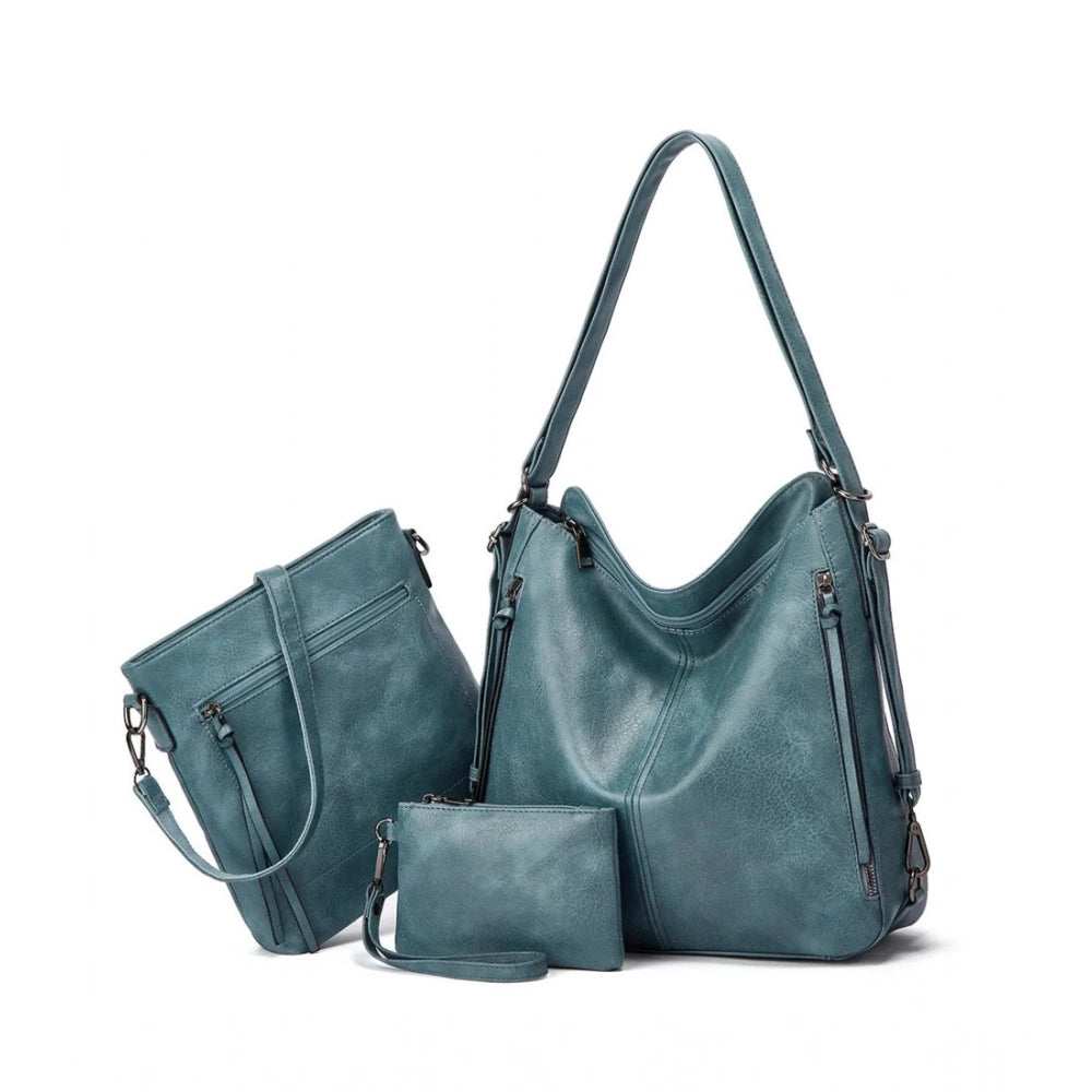 Women's PU Leather Medium Shoulder Zipper Handbag (Blue)