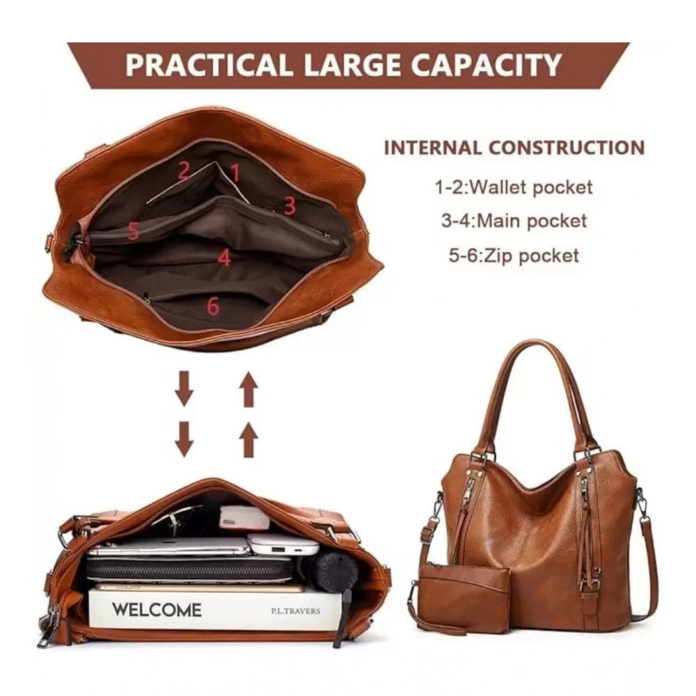 Generic Women's PU Leather Large Shoulder Zipper Handbag (Brown)