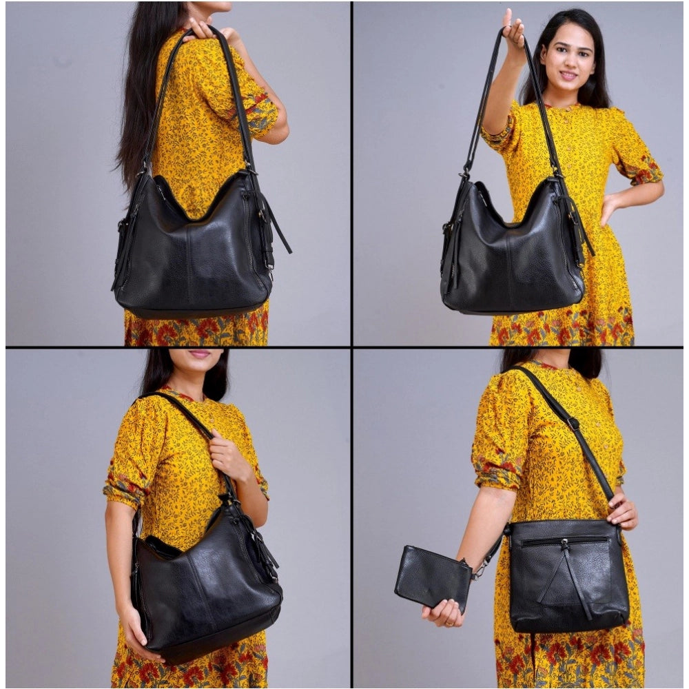 Women's PU Leather Medium Shoulder Zipper Handbag (Black)