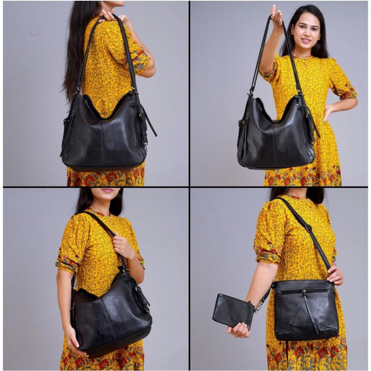 Women's PU Leather Medium Shoulder Zipper Handbag (Black)