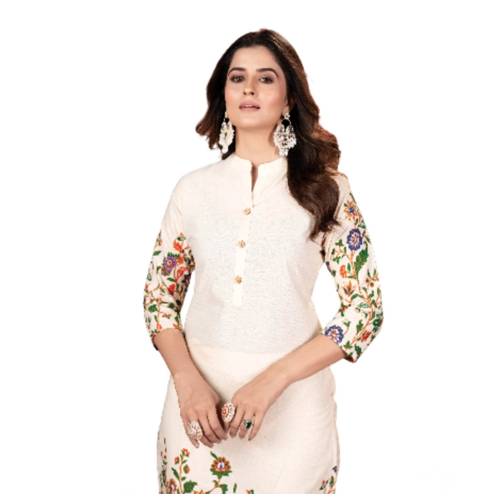 white kurta with floral patterns on sleeves and bottom