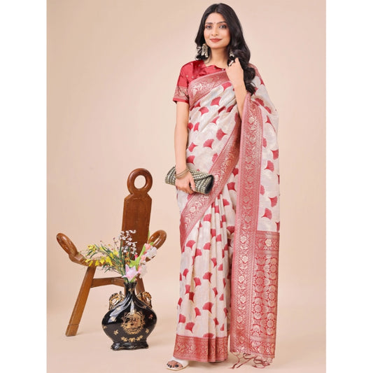 Generic Women's Linen Cotton Printed Saree With Unstitched Blouse 5.5Mtr (Maroon)