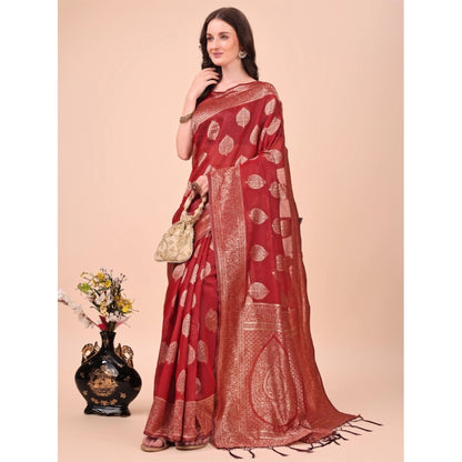 Generic Women's Cotton Printed Saree With Unstitched Blouse 5.5Mtr (Maroon)