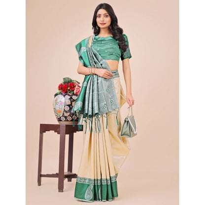Generic Women's Lichi Silk Printed Saree With Unstitched Blouse 5.5Mtr (Cream)