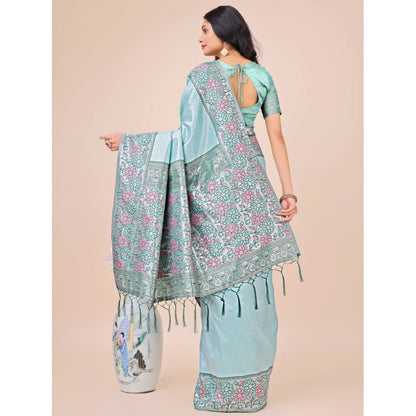 Generic Women's Lichi Silk Printed Saree With Unstitched Blouse 5.5Mtr (Teal)