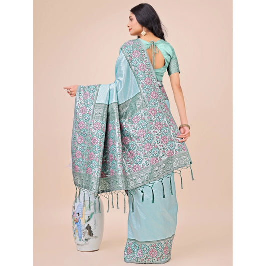 Generic Women's Lichi Silk Printed Saree With Unstitched Blouse 5.5Mtr (Teal)