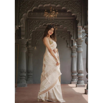 Women's Cotton  Printed Saree With Unstitched Blouse 5.5Mtr (Cream)