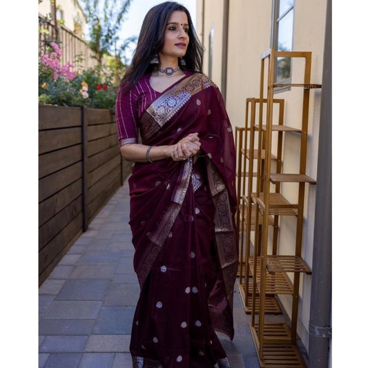 Generic Women's Cotton  Printed Saree With Unstitched Blouse 5.5Mtr (Maroon)