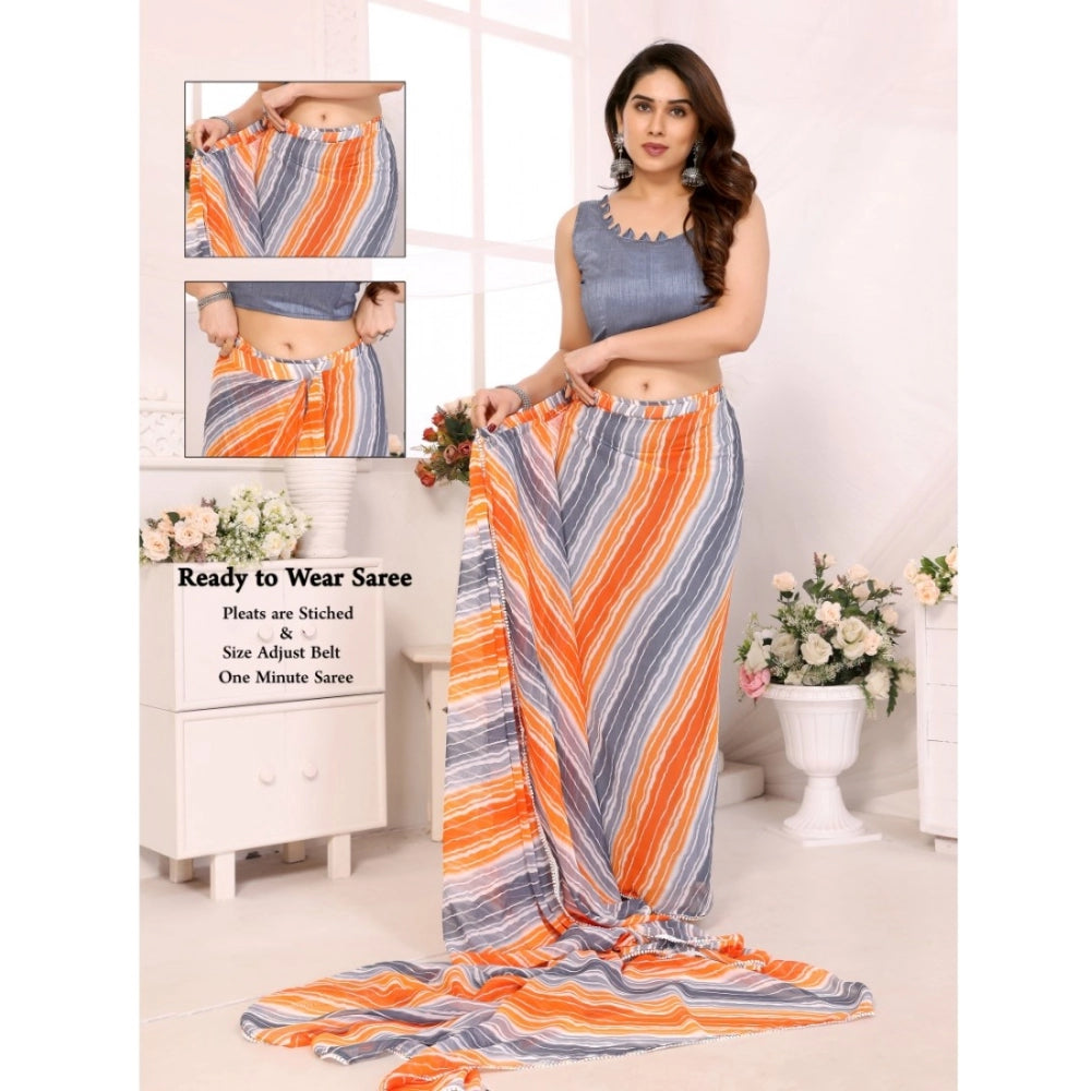 Generic Women's Small Lace Georgette Striped Ready-to-Wear Saree With Unstitched Blouse 5.5 Mtr (Grey)