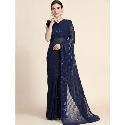Generic Women's Georgette Embellished Sequnece Bollywood Saree With Unstitched Blouse 5.5Mtr (Blue)