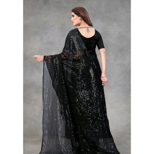 Generic Women's Georgette Embellished Sequnece Bollywood Saree With Unstitched Blouse 5.5Mtr (Black)