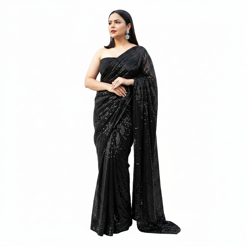 Women's Georgette Embellished Sequnece Bollywood Saree With Unstitched Blouse 5.5Mtr (Black)