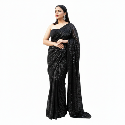 Women's Georgette Embellished Sequnece Bollywood Saree With Unstitched Blouse 5.5Mtr (Black)