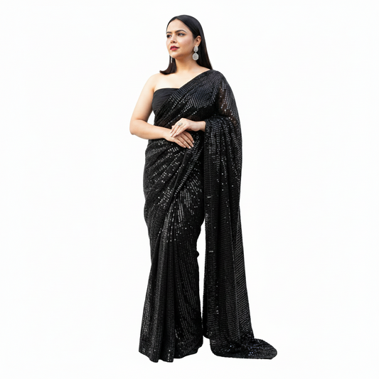 Women's Georgette Embellished Sequnece Bollywood Saree With Unstitched Blouse 5.5Mtr (Black)