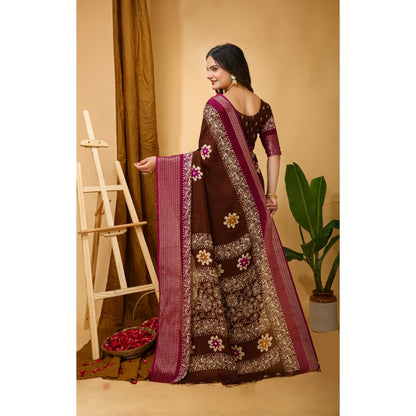 Generic Women's Soft Blooming Marshmallow Fabric Kalamkari Printed Saree With Unstitched Blouse 5.5Mtr (Maroon)