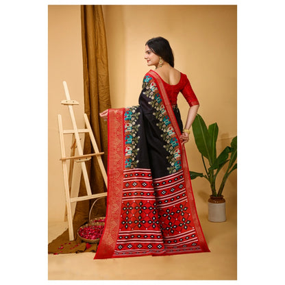 Generic Women's Soft Dola Cotton Kalamkari Printed Saree With Unstitched Blouse 5.5Mtr (Black)