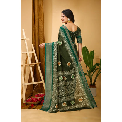 Generic Women's Soft Blooming Marshmallow Fabric Kalamkari Printed Saree With Unstitched Blouse 5.5Mtr (Green)