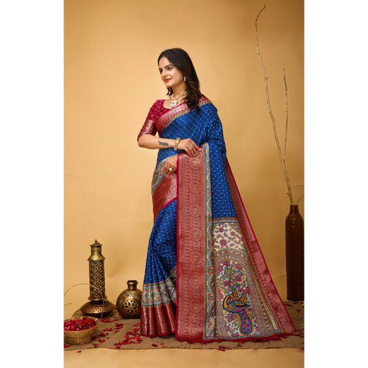 Generic Women's Soft Dola Cotton Kalamkari Printed Saree With Unstitched Blouse 5.5Mtr (Blue)