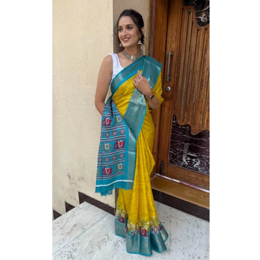 Generic Women's Soft Dola Cotton Kalamkari Printed Saree With Unstitched Blouse 5.5Mtr (Mustard)