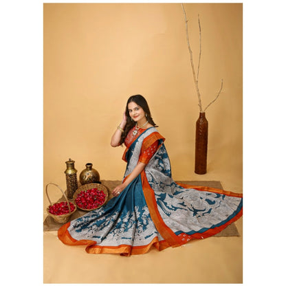 Generic Women's Soft Handloom Cotton Kalamkari Printed Saree With Unstitched Blouse 5.5Mtr (Teal Blue)