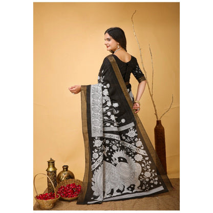 Generic Women's Soft Handloom Cotton Kalamkari Printed Saree With Unstitched Blouse 5.5Mtr (Black)