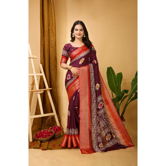 Generic Women's Soft Blooming Marshmallow Fabric Kalamkari Printed Saree With Unstitched Blouse 5.5Mtr (Wine)