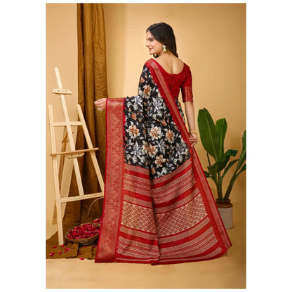 Generic Women's Soft Dola Cotton Kalamkari Printed Saree With Unstitched Blouse 5.5Mtr (Black)