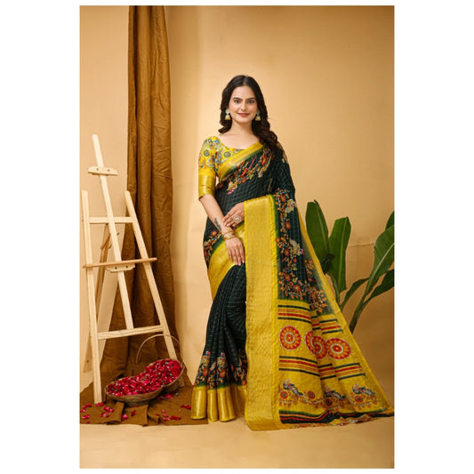 Generic Women's Soft Dola Cotton Kalamkari Printed Saree With Unstitched Blouse 5.5Mtr (Green)