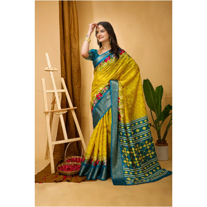 Generic Women's Soft Dola Cotton Kalamkari Printed Saree With Unstitched Blouse 5.5Mtr (Yellow)