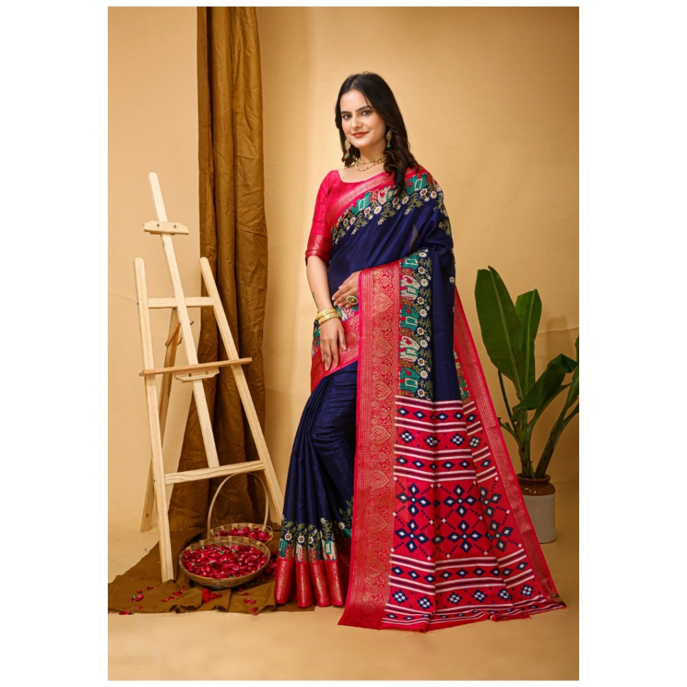 Generic Women's Soft Dola Cotton Kalamkari Printed Saree With Unstitched Blouse 5.5Mtr (Navy Blue)