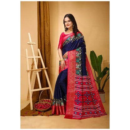 Generic Women's Soft Dola Cotton Kalamkari Printed Saree With Unstitched Blouse 5.5Mtr (Navy Blue)