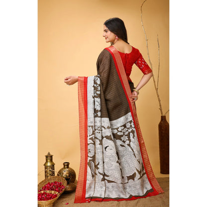 Generic Women's Soft Handloom Cotton Kalamkari Printed Saree With Unstitched Blouse 5.5Mtr (Brown)