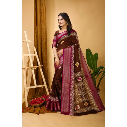 Generic Women's Soft Blooming Marshmallow Fabric Kalamkari Printed Saree With Unstitched Blouse 5.5Mtr (Maroon)