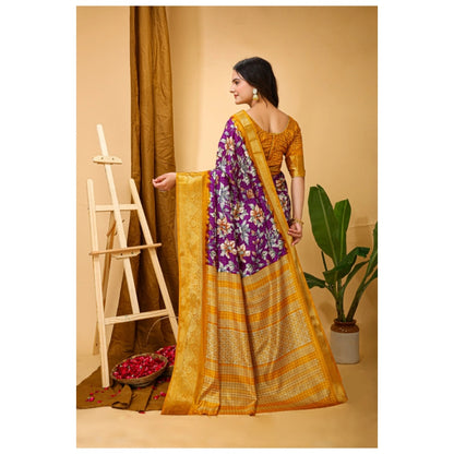 Generic Women's Soft Dola Cotton Kalamkari Printed Saree With Unstitched Blouse 5.5Mtr (Purple)