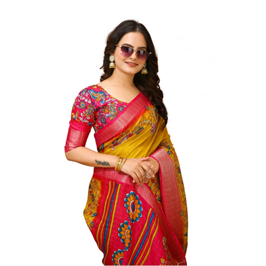 Generic Women's Soft Dola Cotton Kalamkari Printed Saree With Unstitched Blouse 5.5Mtr (Yellow)