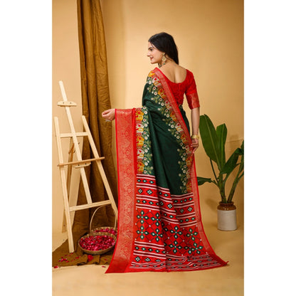 Generic Women's Soft Dola Cotton Kalamkari Printed Saree With Unstitched Blouse 5.5Mtr (Green)