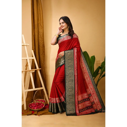 Generic Women's Soft Dola Cotton Kalamkari Printed Saree With Unstitched Blouse 5.5Mtr (Red)