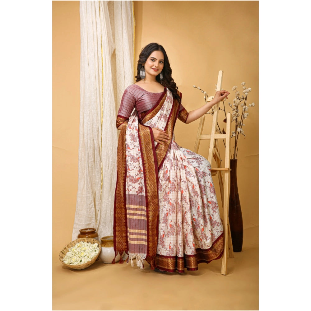 Generic Women's Soft Cotton Silk Printed Saree With Unstitched Blouse 5.5Mtr (Maroon)
