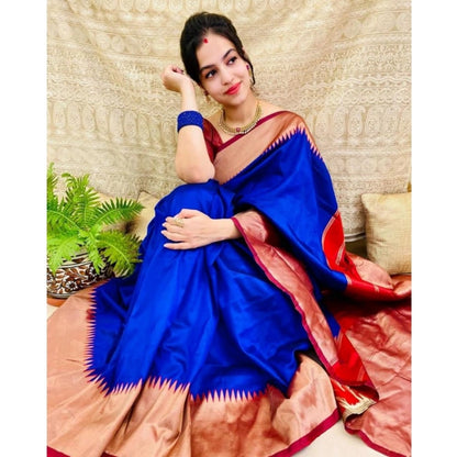 Generic Women's Soft Lichi Silk Solid Saree With Unstitched Blouse 5.5Mtr (Blue)