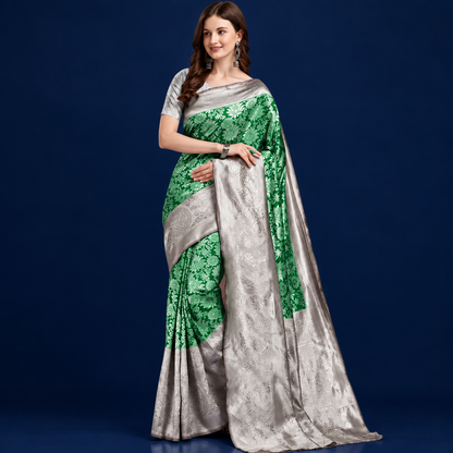 Women's Soft Lichi Silk Printed Saree With Unstitched Blouse 5.5Mtr (Green)