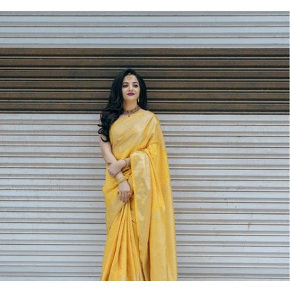 Generic Women's Soft Lichi Silk Printed Saree With Unstitched Blouse 5.5Mtr (Yellow)